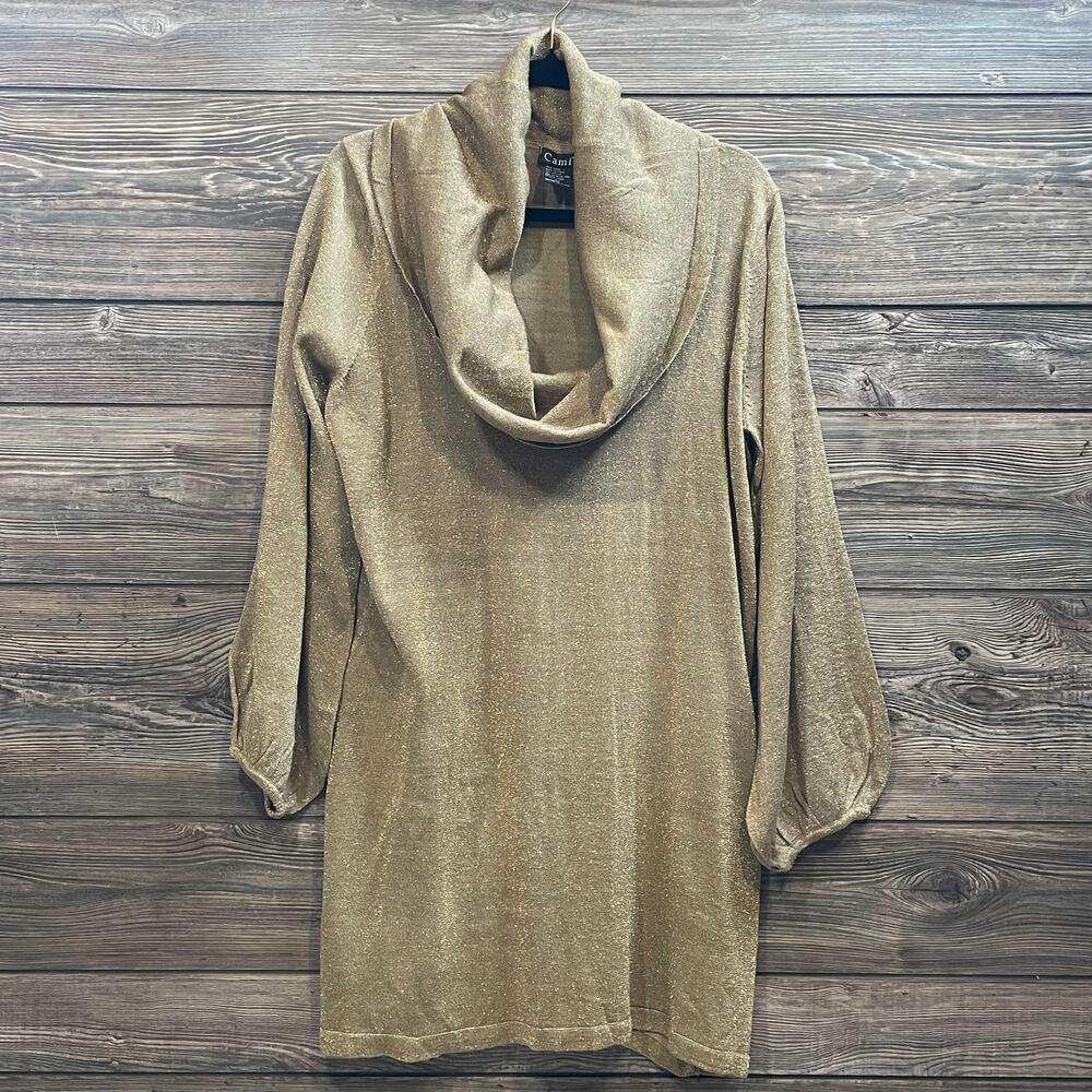 Cami Gold Lurex Cowl Neck Balloon Cuffs  Sweater Top Tunic SZ 2X C101801
